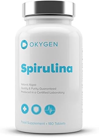 Okygen Premium Quality Spirulina 180 Tabs. 1500mg : Organic Supplement - Boost Energy and Supports Cardiovascular and Brain Health - 60 Day Supply!