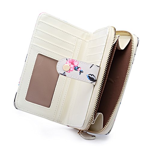 Miss Lulu Women Grey Flower Bird Purse Oilcloth Short Wallet Clutch Hand Bag (1580-16J Beige)
