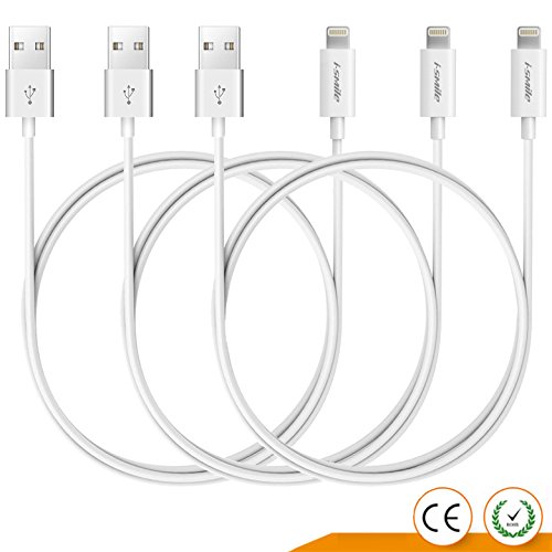 [3 Pack 1m] Lightning Cable, iSmile 3.3ft High Quality iPhone Charger Cable Charging for iPhone 7, 7 Plus, 6s, 6s Plus, 6, 6 Plus, 5, 5S, 5C, SE, iPad 4, iPad Air 1/2, iPad Mini 1/2/3 -1M White