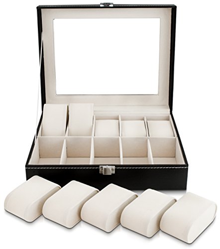 VENKON – Uhrenbox für 10 Uhren mit Schaufenster aus Glas für Aufbewahrung & Präsentation – Kunstleder Schwarz – 25,5 x 20,5 x 8 cm - 7