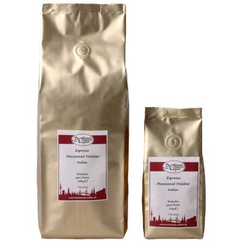 Espresso Monsooned Malabar Indien | ganze Bohne | gemahlen | aromatisch | säurearm | magenschonend | | Röstkaffee DisplayWeight 250g, Geschmack ganze Bohnen