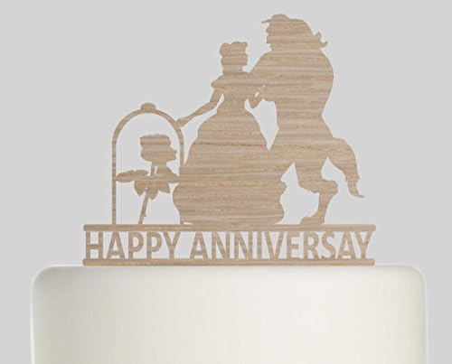 Happy Anniversary Beauty and The Beast Wooden Wedding Cake Topper Rustic Design cake topper. Available in Beech or Oak Veneer