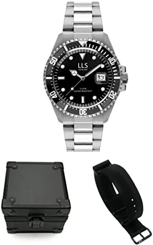 LLS Sub Military Gift Set with Submariner Men's Quartz Clock + Box Travel Clocks Holder + Strap Nato 20 mm Black IP PVD