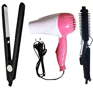 Arzet Combo Nv-1290 Foldable Hair Dryer With 2 Speed Setting 1000 Watts Hair Dryer (Pink), 471 Hair Curler And Mini Hair Straightener Ceramic Plate Hair Straightener Combo (Multicolored)