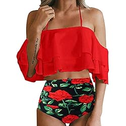 VECDY Bikinis Mujer 2019 Braga Alta, Bikinis Brasileños Push Up Braga Alta Top De Bikini con Escote Y Volantes con Volantes Y Volantes En El Hombro, para Mujer Conjunto Bohemio Playa (Rojo,XL)