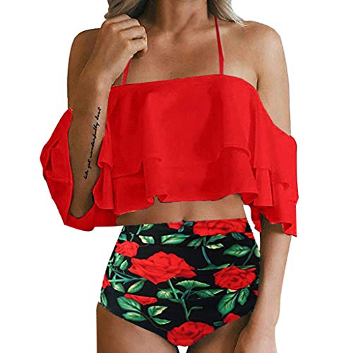 VECDY Bikinis Mujer 2019 Braga Alta, Bikinis Brasileños Push Up Braga Alta Top De Bikini con Escote Y Volantes con Volantes Y Volantes En El Hombro, para Mujer Conjunto Bohemio Playa (Rojo,XL)