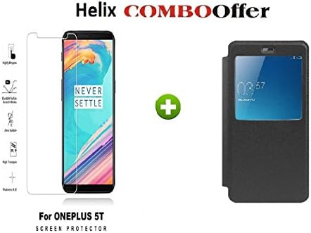 Helix Combo Offer for One Plus 5T (1 Black Window FLIP Cover + 1 Premium Tempered Glass for One Plus 5T