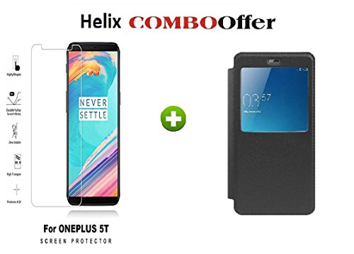 Helix Combo Offer for One Plus 5T (1 Black Window FLIP Cover + 1 Premium Tempered Glass for One Plus 5T