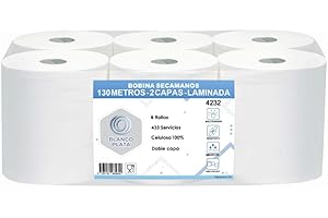 Bobina Papel secamanos mecha Laminada pasta pura doble Capa - 6 Unidades (6 Rollos de 130m)