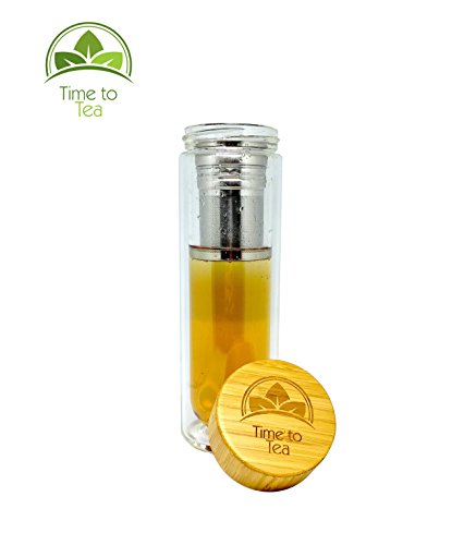Time to Tea© Edel-Glas Tee-Bereiter und Fruit-Infuser mit Thermo-Funktion | hochwertige, doppelwandige Tee-Flasche mit Edelstahl-Sieb & Bambus-Deckel | Thermo-Trinkflasche ideal für Unterwegs, die Arbeit oder Uni | 450ml BPA-frei - 3