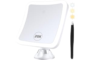 MIYADIVA Miroir grossissant avec lumière, miroir grossissant 20x, miroir cosmétique avec éclairage, miroir grossissant à 360 degrés avec ventouse, miroir grossissant réglable avec lumière tricolore
