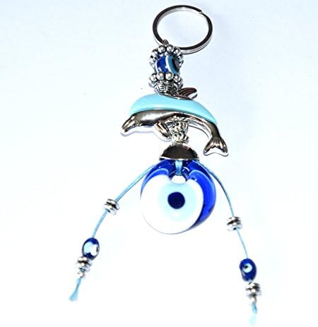 EVIL EYE KEYCHAIN WITH LARGE EVIL EYE BEAD, DOLPHIN CHARM AND TASSLE WITH BEADS (nazar hamsa keychain). HAND MADE DANGLING EVIL EYE FOR KEYS OR TO HANG FROM DOOR TO KEEP EVIL SPIRITS AWAY