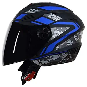 Steelbird ABS 7Wings Pixels Open Face Helmet Fitted with Clear Visor and Extra Smoke Visor (SBA-6, Medium 580 mm, Matt Black/Blue)