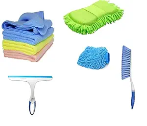 Winberg  Car Cleaning Combo Pack Microfiber Towel 3 pcs 1 Carpet Brush 1 Washing Scurb Microfibre Gloves full Interior and Exterior Cleaning Kit - CarCLNG06