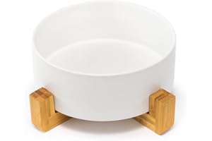 SPUNKYJUNKY Ceramic Dog Bowl with Bamboo Stand, for Large Dogs (1800 ml, White)