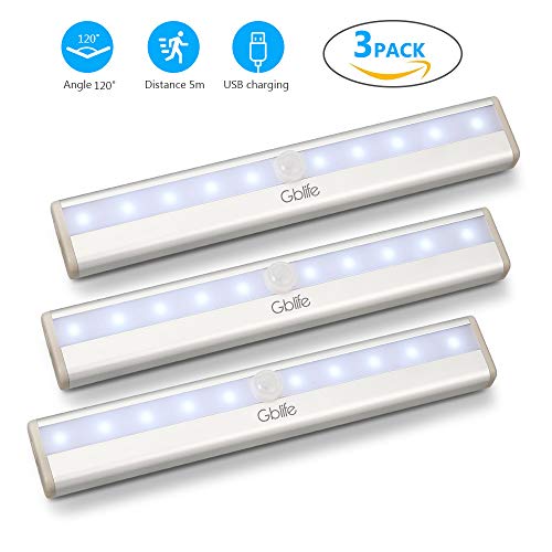 Preisvergleich Produktbild 3er Lampe Schrankbeleuchtung Led Bewegungssensor USB, Gblife aufladbar Warmweißes Licht, Bewegungsmelder Licht mit 10 LED kabellos mit Magnetstreifen, ideal für Schrank Küche Gang Treppen Kaltweiß