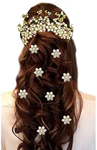 Hair Flare Hair Pin Accessories Pearl Degined For Women Bridal Hair Pins For Wedding, Golden - (Combo - 2208/2154)