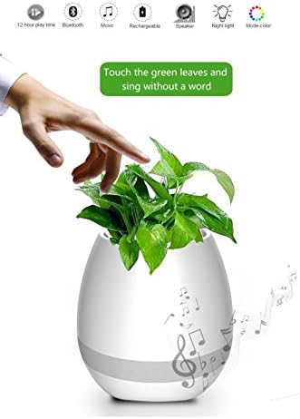 Musical Plant Pot Smart Touch Music Plant Lamp Rechargeable Wireless Musical Boxes Bluetooth Speaker Night Light for Bedroom, Office, Living Room(without Plant) (White)