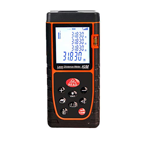 REAFOO - Medidor láser láser de 40 m, sensor electrónico angular, función silencioso, 30 almacenamiento de datos, medición de distancia, superficie y volumen, ángulo, IP54