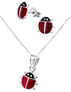 SL-Silver Set Kette Kinder Ohrringe Anhänger Marienkäfer 925 Silber in Geschenkbox