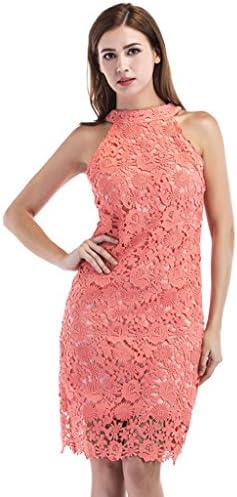 clasichic Women Pencil Dresses White Lace Cold Shoulder Midi Bodycon Ladies Evening Party Dresses Bridesmaid Wedding Floral Dresses Sleeveless(Watermelon Red,XL)