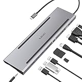 Omars Adaptateur USB C Hub 10-en-1 USB-C vers 60W Type C PD Port d'alimentation 4K HDMI VGA 3 x USB 3.0 Lecteur de Carte SD/TF RJ45 1Gbps LAN 3.5mm AUX Jack Support d'Ordinateur Portable Macbook Pro