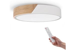 M Ledme - Plafonnier LED Rond Blanc 24W avec Télécommande Réglable 2700K-6500K du Blanc Froid au Blanc Chaud et Intensité 2400LM Design Blanc avec Bois Naturel pour Salle de Bain Cuisine