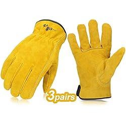 Vgo 3 Paires de Gants de Travail, en Cuir de Vache, pour Chauffeurs, Jardinage, Stockage, Travaux Agricoles. Multifonction (Taille 9/L,Jaune,CB9501)