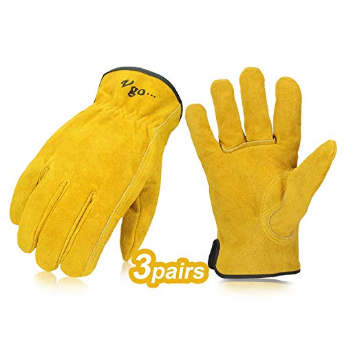 Vgo 3 Paires de Gants de Travail, en Cuir de Vache, pour Chauffeurs, Jardinage, Stockage, Travaux Agricoles. Multifonction (Taille 9/L,Jaune,CB9501)