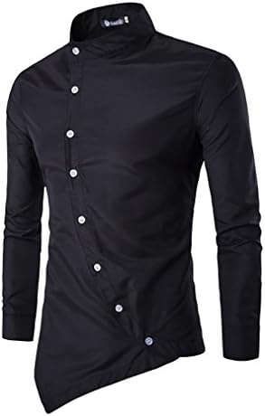 FeN Men's Cotton Slim Shirt - Solid Colored Standing Collar Oblique Placket T Shirts Asymmetry Fashion Casual Solid Colored Tops White, Black, Red, Navy (Color : Black, Size : L)