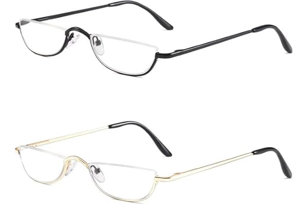 KoKoBin 2 Paires Lunettes de Vue Lecture Demi Lune ,Lunette Pour Lire Mince Demi-Monture en métal, Printemps Charnières Lunette Femme et Homme (Noir + Or, 2, Dioptres)