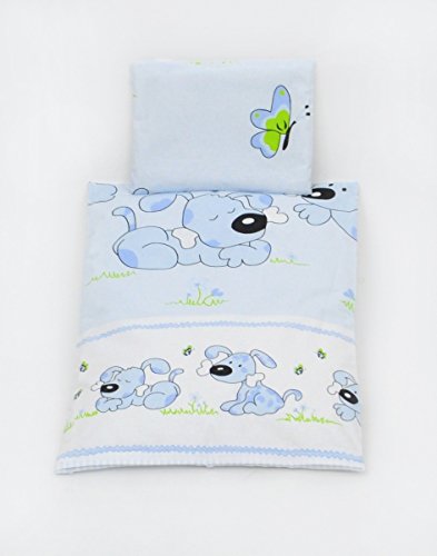 Pram, cot BABY BEDDING SET, duvet approx. 70x50cm + pillow, nursery, toddler (pattern: a dog with a bone_powder blue)