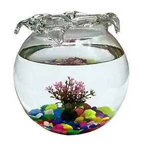 JAINSONS PET PRODUCTS Fish Glass Bowl with Baby Plant Multicolour Stone and Artificial Fishes Combo (8-inches)