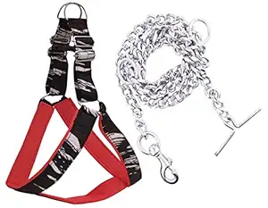 ADIOS Dog Belt Combo of 3D Green Padded 1.5 inch Dog Body Harness with Heavy Dog Chain Specially for Big Dogs Adjustable Chest Size 23-34 inch Dog Harness Chain