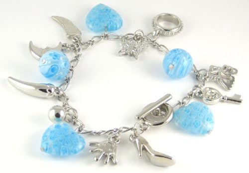 Millefiori Light Blue &amp; White Glass Heart Glass Bead Charm Bracelet