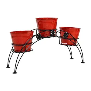 GIG Handicrafts 3 Tier Iron Pot Stand Plant Stand Plant Holder with 3 Iron Pots Indoor and Outdoor (66 cm x 18 cm x 30 cm, Red and Black)