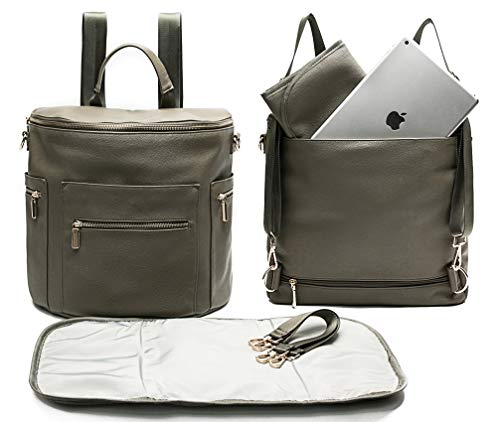 Preisvergleich Produktbild Wickelrucksack von Miss Fong, Wickeltasche Rucksack, Baby Wickelrucksack, Lederrucksack Damen Mit Wasserdicht Wickelunterlage,Kinderwagen Haken (Olive)