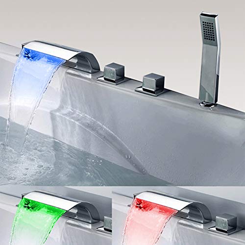 Preisvergleich Produktbild BTSSA Badewannen Wasserhahn,Temperaturregelung LED Wannenarmatur Dusche Wasserfall Waschtischarmatur mit Handbrause