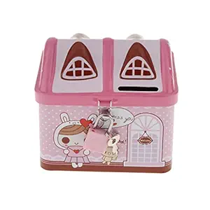 SYGA 1 Piece Money Saving House Shape Tin,Coin Bank with Lock and Key_Pink