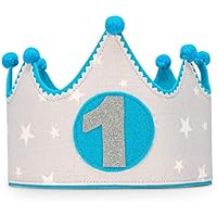 Kembilove Corona Primer Cumpleaños Bebe – Corona Tela Cumpleaños – Corona Cumpleaños Infantil – Corona Primer Cumpleaños – Corona Niño y Niña – Corona estrellas azul y gris