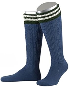 Lusana Kniestrumpf 3-farbig Handstrick-Optik mit Ringel, Gr. 44/45, Fb. stahlblau/tanne/natur
