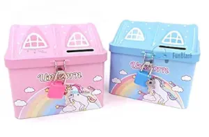 FunBlast Piggy Bank for Kids - Unicorn Coin Box for Kids, Metal Coin Box with Lock & Key, Money Bank for Kids, Birthday Return Gift for Boys and Girls (Pack of 2 Pcs)