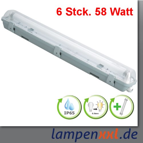 6x Feuchtraumleuchte IP65 Leuchtstoff Wannenleuchte 58W incl. Leuchtm.