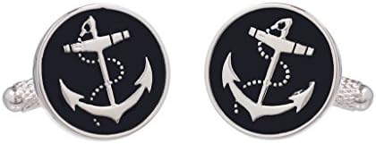 Anchor Cufflinks - Round Black Cufflinks With a Ship Anchor Presented in a Black Cufflink Case