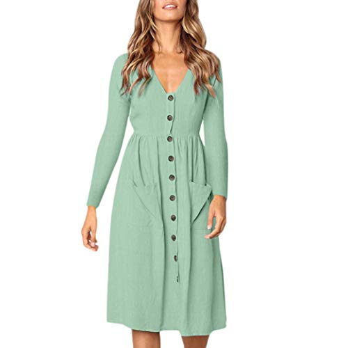 Xmiral Women Solid V Neck Button Dress Long Sleeve Pocket Casual Beach Long Maxi Dress