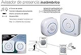 RECEPTOR: Nivel sonoro >85 db. Interruptor de encendido apagado, ON - OFF. Frecuencia: 433,85 ± 250KHz. Distancia de transmisión: 60m en espacios abiertos. Uso en sobremesa. Mide 85x85x25mm