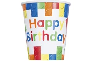 Unique- Bicchieri di Carta-266 ml-Compleanno di Mattoncini da Costruzione-8 Pezzi (Confezione da 1), Multicolore, 82213