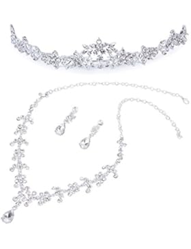 LUOEM Hochzeit Braut Krone Halskette Ohrringe Set