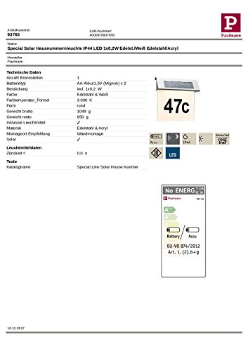 Paulmann Leuchten Special Solar Hausnummernleuchte IP44, LED 1 x 0.2W, Acryl, weiß / edelstahl 93765 - 2