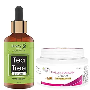 Sibley Beauty Tea Tree Face Serum (50 ml) + Haldi Chandan Skin Whitening Fairness Facial Cream (50 gm) spots removal, brightening face cream for men, women, girls, boys, all skin types (Pack of 2)